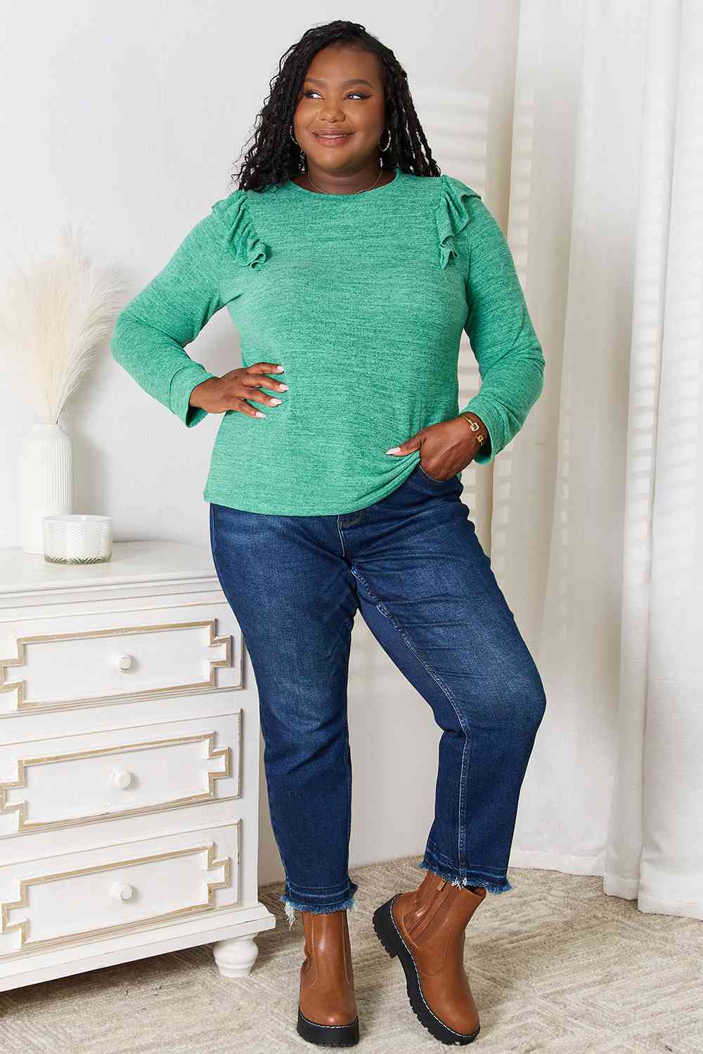 Women Double Take Ruffle Shoulder Long Sleeve Mauve and Green T-Shirt