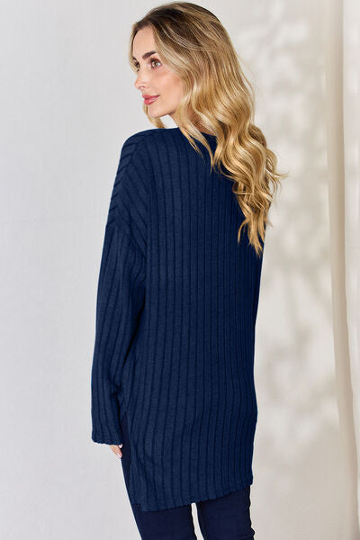 Full Size Ribbed Half Button Long Sleeve High-Low Women Top