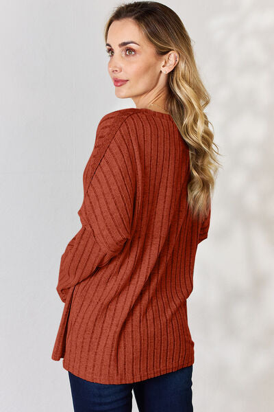 Full Size Ribbed Half Button Long Sleeve Women Top