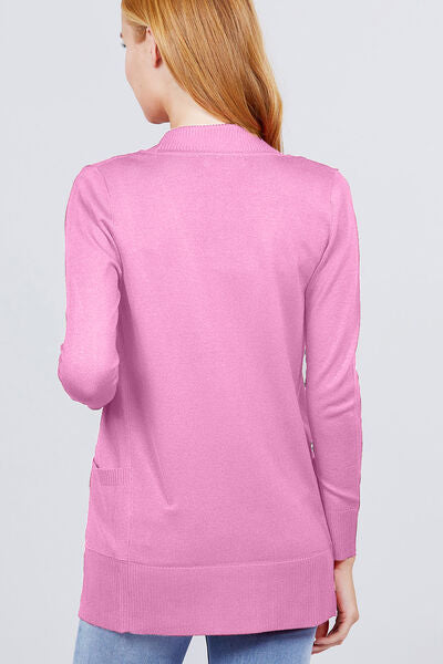 Women Ribbed Trim Stretchy Open Front Pocketed Pink Cardigan