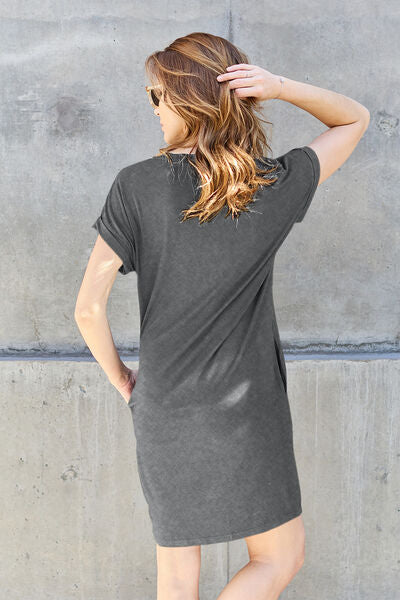 Women Full Size Round Neck Short Sleeve Dress with Pockets Taupe, Heather Grey, Camel, Moss, Black