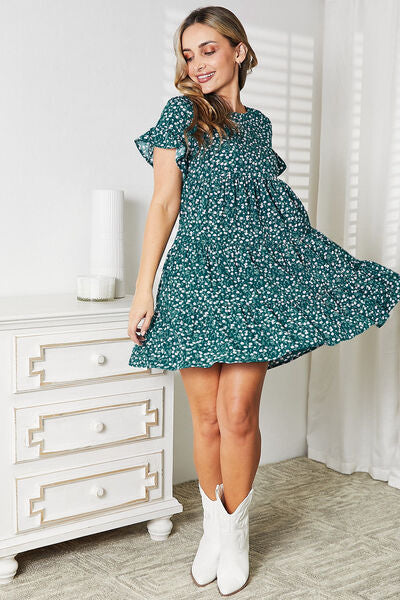 Double Take Short Flounce Sleeve Tiered Polyester Dress - Opaque, Leopard and Floral Print