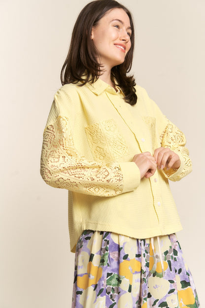 J.NNA Button Down Lace Long Sleeve Waffle Shirt