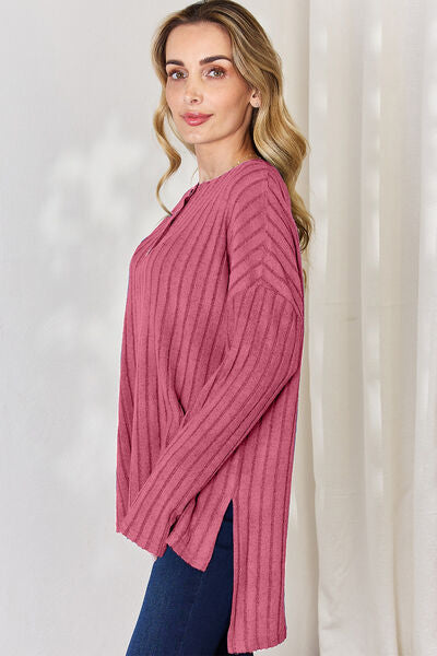 Full Size Ribbed Half Button Long Sleeve High-Low Women Top