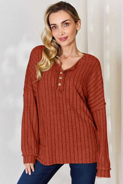 Full Size Ribbed Half Button Long Sleeve Women Top