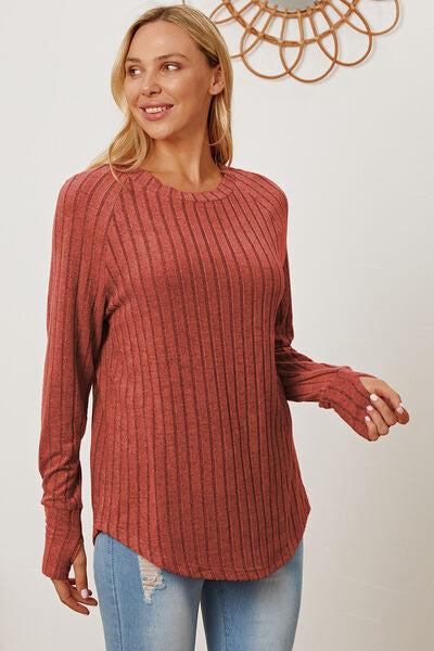 Women Full Size Ribbed Top Thumbhole Long Sleeve T-Shirt - Blue, Pink, Red, Teal, Navy