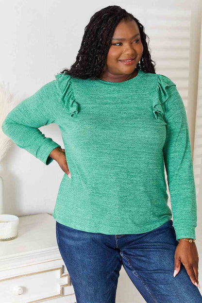 Women Double Take Ruffle Shoulder Long Sleeve Green T-Shirt