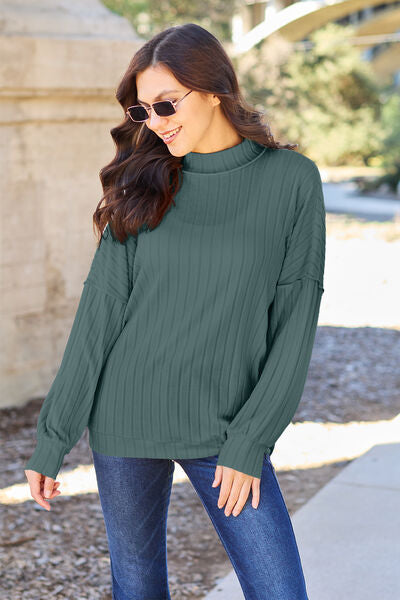 Full Size Ribbed Exposed Seam Mock Neck Knit Women Top