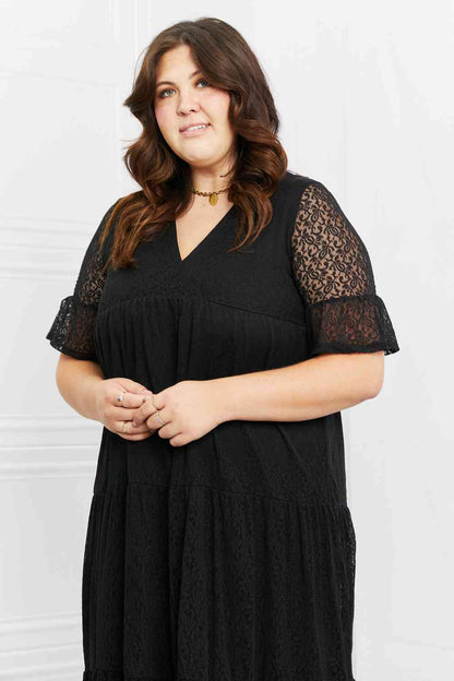 Women Casual Midi Flounce Lace Sleeves Midi Dress See Through Full Size Tiered - Black