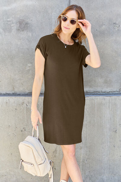 Women Full Size Round Neck Short Sleeve Dress with Pockets Taupe, Heather Grey, Camel, Moss, Black