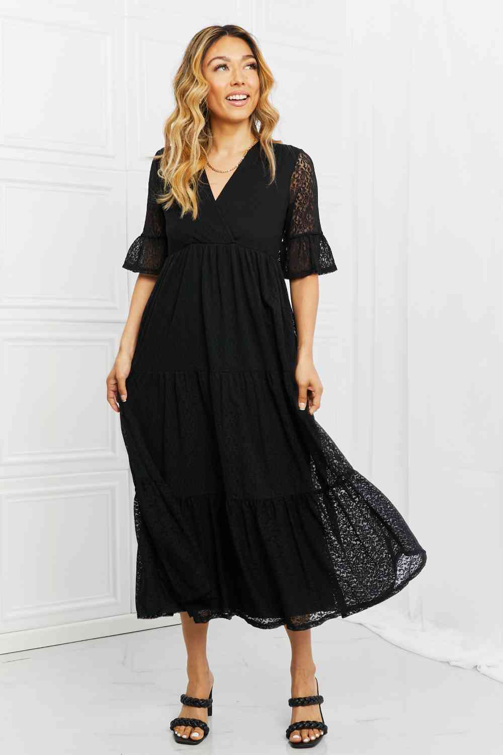 Women Casual Midi Flounce Lace Sleeves Midi Dress See Through Full Size Tiered - Black