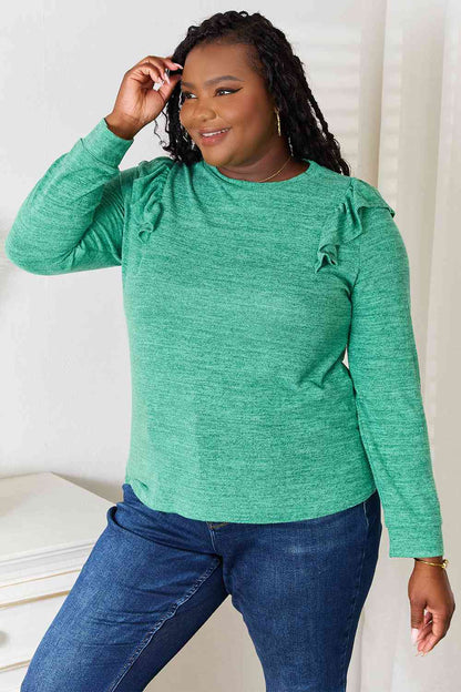 Women Double Take Ruffle Shoulder Long Sleeve Mauve and Green T-Shirt