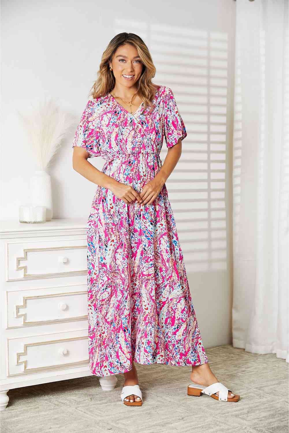 Double Take Multicolored Short Sleeves V-Neck Women Maxi Dress -  Pink