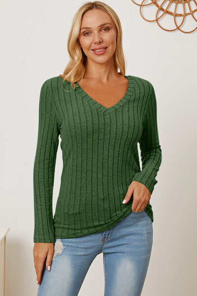 Women Full Size Ribbed V-Neck Casual Long Sleeve T-Shirt - Gum Leaf, Teal, Navy, Green, Pink