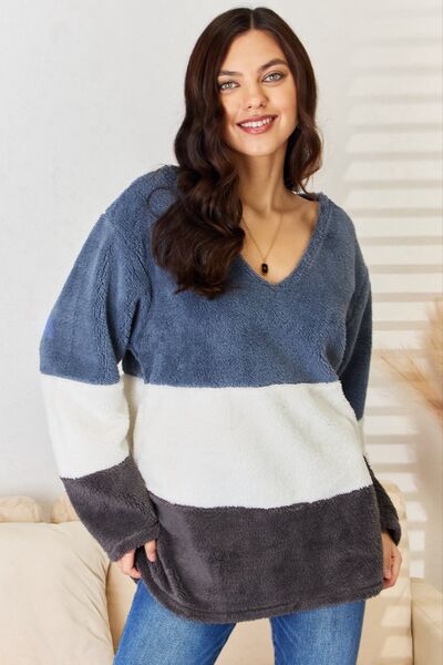 Culture Code Synthetic Fur Color Block V-Neck Sweater