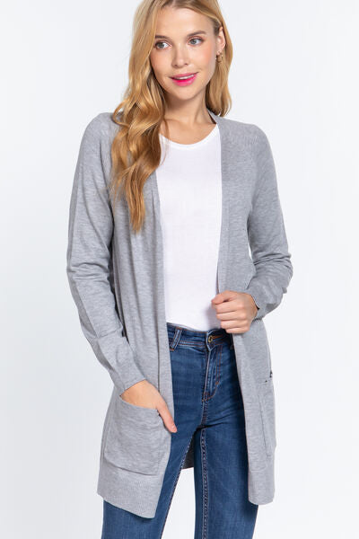 Women Open Front Stretchy Long Sleeve Grey Cardigan