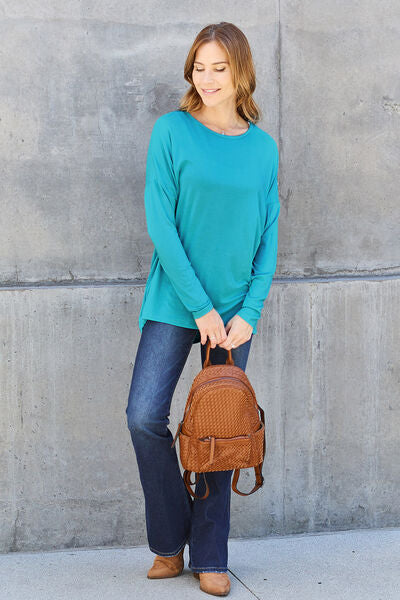 Full Size Round Neck Dropped Shoulder Long Sleeve Women T-Shirt - Green, Blue, Black, Charcoal