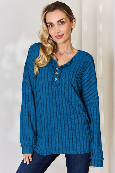 Full Size Ribbed Half Button Long Sleeve Women Top