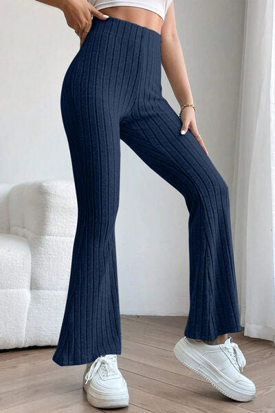 Sleek Full Size Ribbed High Waist Flare Pants - Polyester Elastane Blend