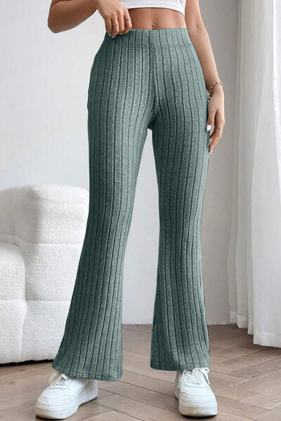 Sleek Full Size Ribbed High Waist Flare Pants - Polyester Elastane Blend