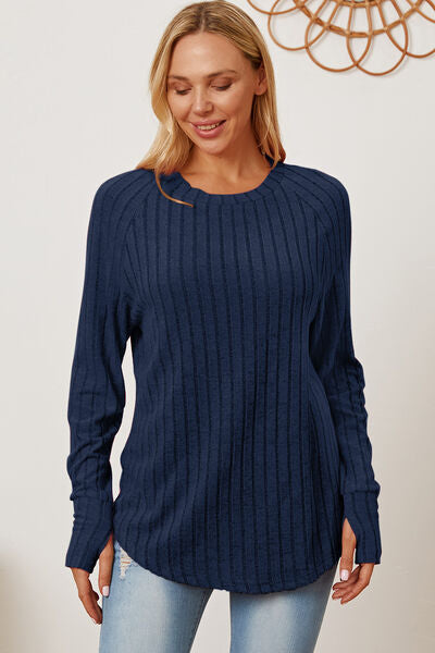 Women Full Size Ribbed Top Thumbhole Long Sleeve T-Shirt - Blue, Pink, Red, Teal, Navy