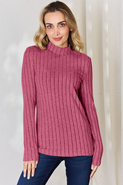 Elegant Full Size Ribbed Mock Neck Long Sleeve T-Shirt - Comfort Stretch