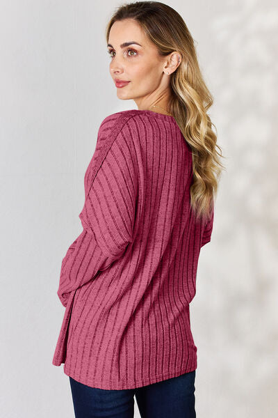 Full Size Ribbed Half Button Long Sleeve Women Top