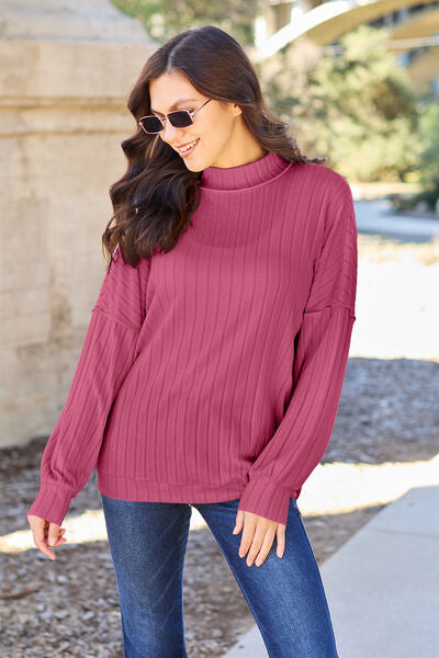 Full Size Ribbed Exposed Seam Mock Neck Knit Women Top