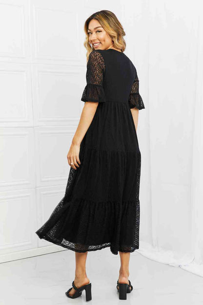 Women Casual Midi Flounce Lace Sleeves Midi Dress See Through Full Size Tiered - Black