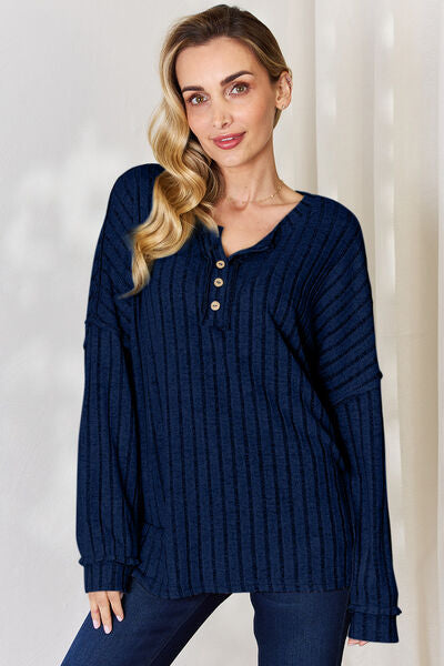 Full Size Ribbed Half Button Long Sleeve Women Top