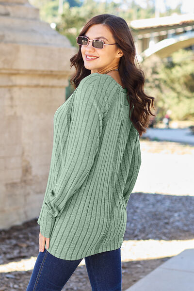 Women Full Size Ribbed Round Neck Long Sleeve Knit Top - Blue, Tan, Light Green, Brick Red, Black