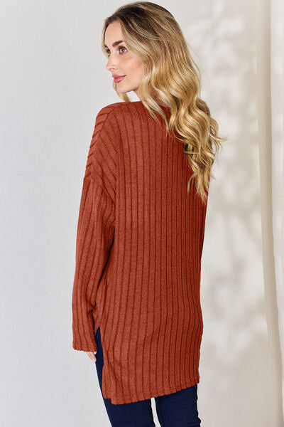 Full Size Ribbed Half Button Long Sleeve High-Low Women Top