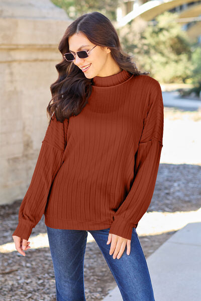 Full Size Ribbed Exposed Seam Mock Neck Knit Women Top