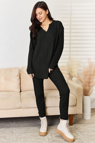 Full Size Women Notched Long Sleeve Black and Red Top and Pants Set