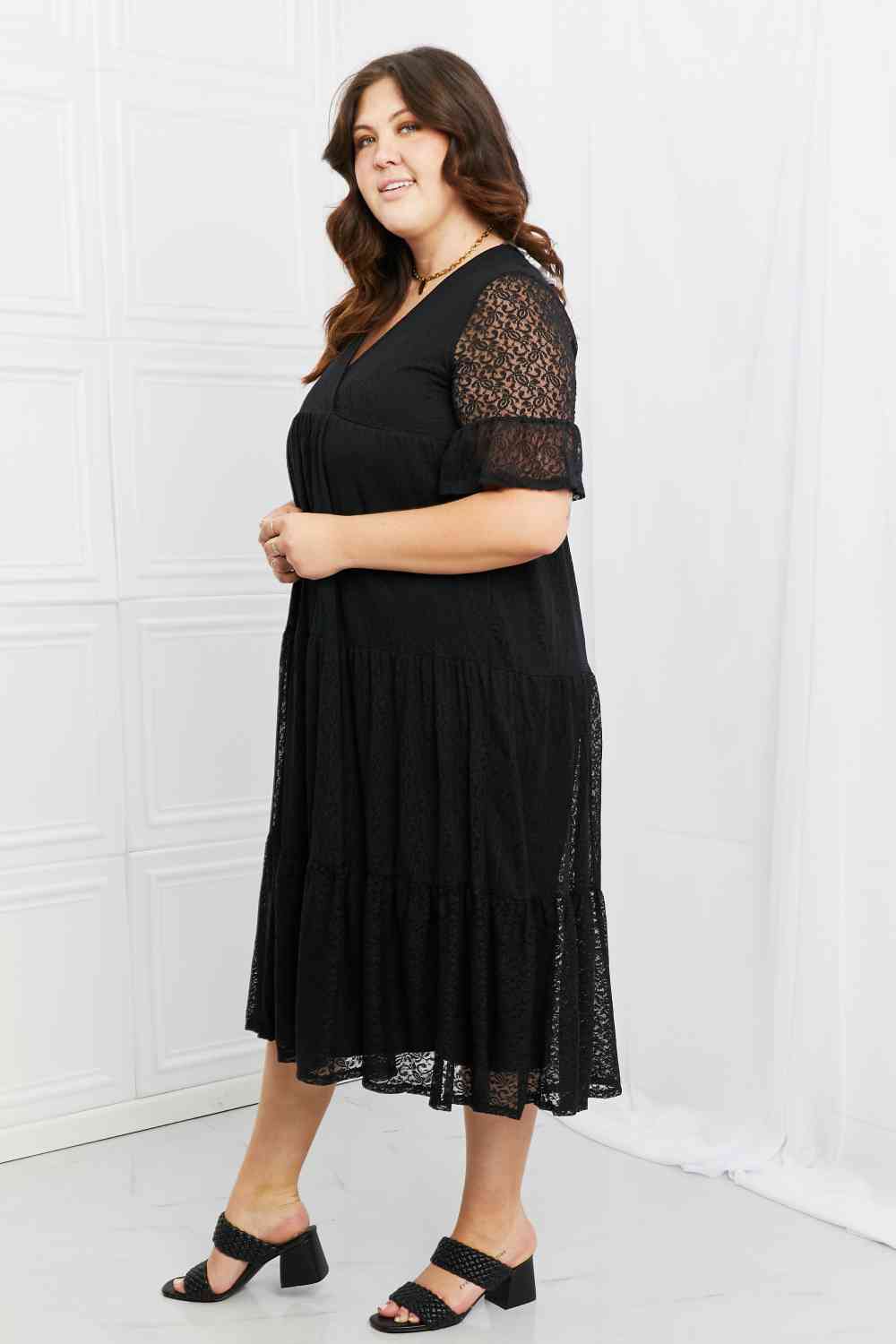 Women Casual Midi Flounce Lace Sleeves Midi Dress See Through Full Size Tiered - Black