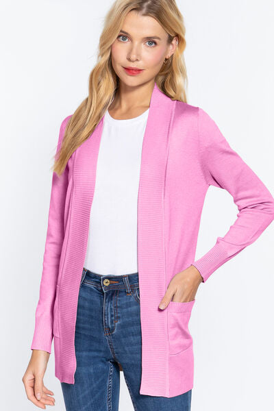 Women Ribbed Trim Stretchy Open Front Pocketed Pink Cardigan