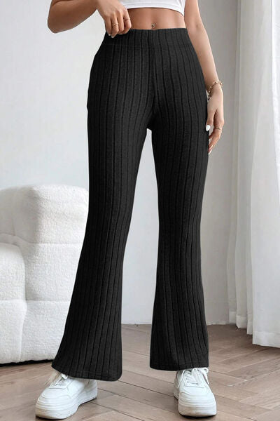 Sleek Full Size Ribbed High Waist Flare Pants - Polyester Elastane Blend