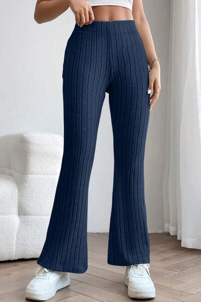 Sleek Full Size Ribbed High Waist Flare Pants - Polyester Elastane Blend