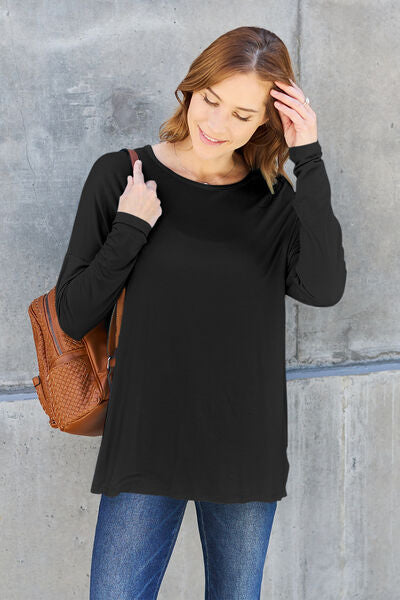 Full Size Round Neck Dropped Shoulder Long Sleeve Women T-Shirt - Green, Blue, Black, Charcoal