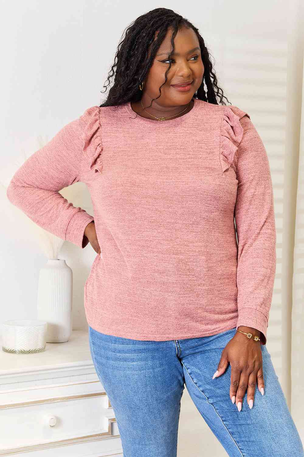 Women Double Take Ruffle Shoulder Long Sleeve Mauve T-Shirt