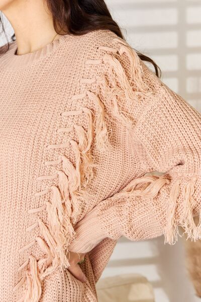 Women Casual Tassel Detail Long Sleeve Dusty Pink Sweater