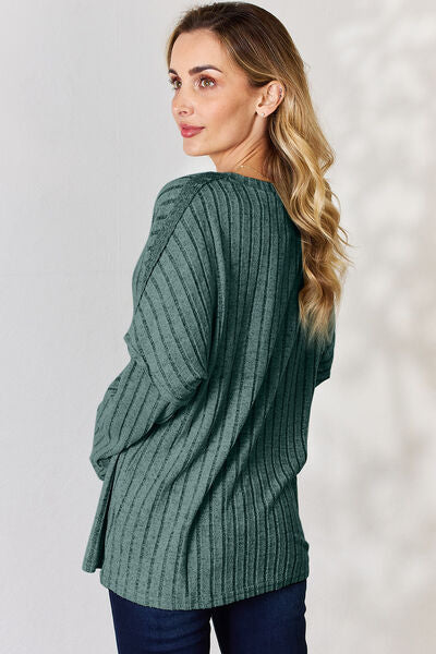 Full Size Ribbed Half Button Long Sleeve Women Top