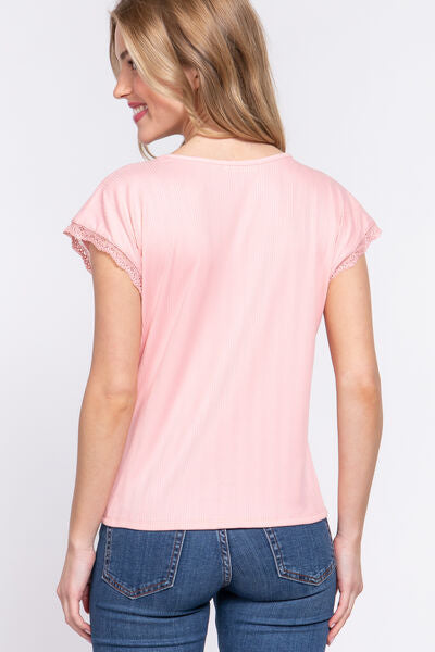 Women Lace Trim V-Neck Short Lace Sleeve Ribbed Pink Top