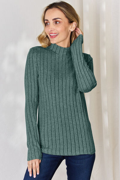 Elegant Full Size Ribbed Mock Neck Long Sleeve T-Shirt - Comfort Stretch