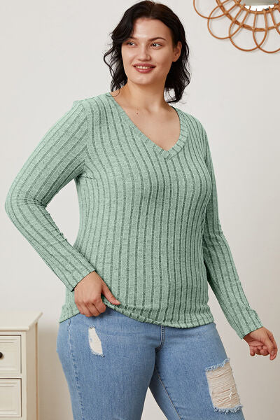 Women Full Size Ribbed V-Neck Casual Long Sleeve T-Shirt - Gum Leaf, Teal, Navy, Green, Pink