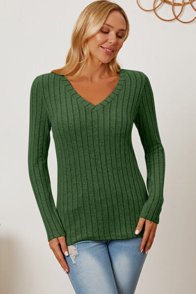 Women Full Size Ribbed V-Neck Casual Long Sleeve T-Shirt - Gum Leaf, Teal, Navy, Green, Pink