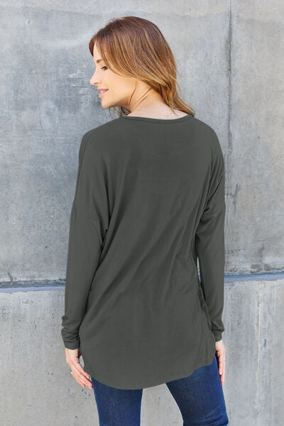 Full Size Round Neck Dropped Shoulder Long Sleeve Women T-Shirt - Green, Blue, Black, Charcoal