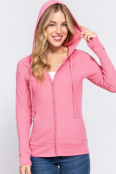 Women Waffle Knit Drawstring Zip Up Long Sleeve Pink Hoodie