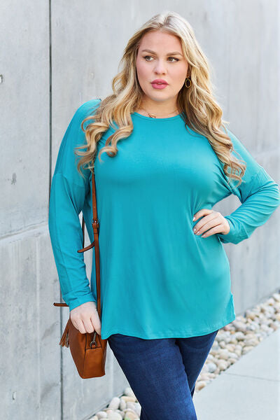 Full Size Round Neck Dropped Shoulder Long Sleeve Women T-Shirt - Green, Blue, Black, Charcoal