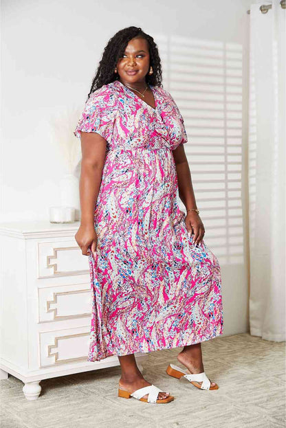 Double Take Multicolored Short Sleeves V-Neck Women Maxi Dress -  Pink